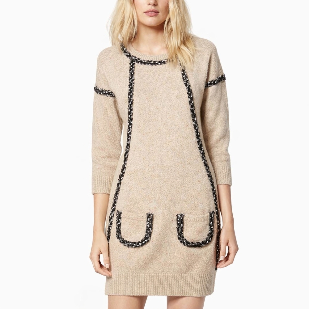 SEE BY CHLOÈ Wool Knit Dress Mini Jumper Pockets Tan Black White Sparkle XS S - Picture 1 of 11